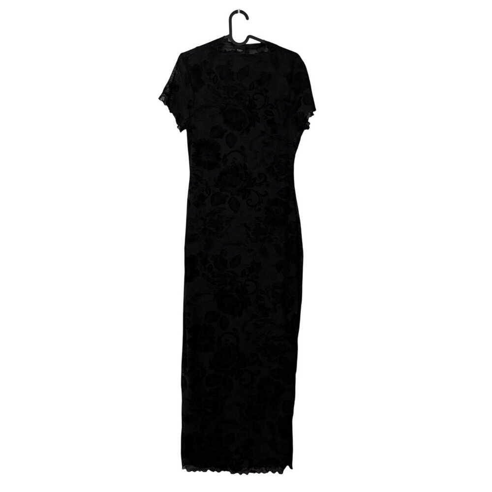 Blanc Clothing Black Sheer Flocked Floral Bodycon Maxi Dress Womens Size Large